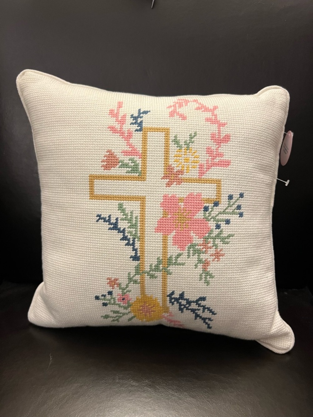NWT Embroidered Needlepoint Throw Pillow, With Cross 14x14”